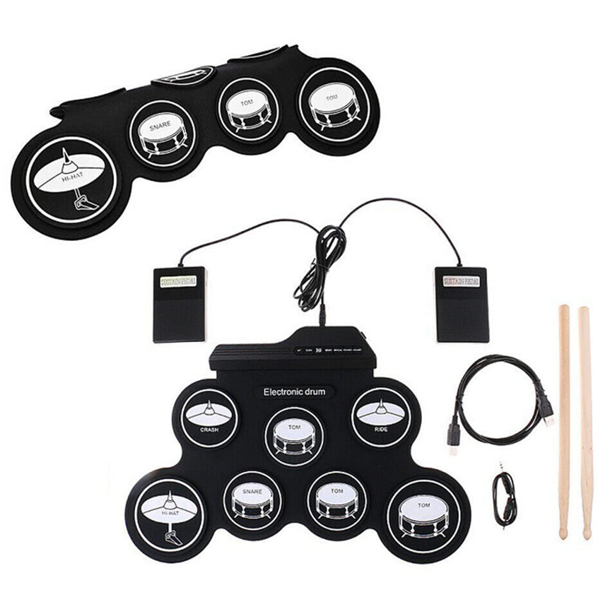 電子ドラムセット 7パッド ロールアップ練習パッド 5チューニング 8曲 USB&MP3入力