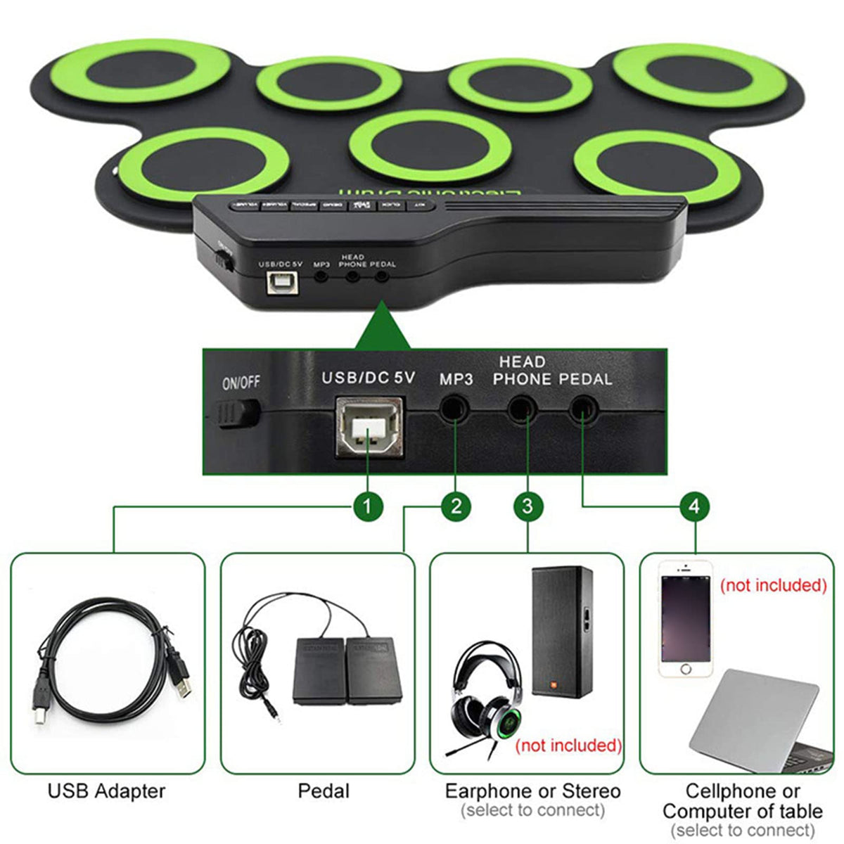 電子ドラムセット 7パッド ロールアップ練習パッド 5チューニング 8曲 USB&MP3入力