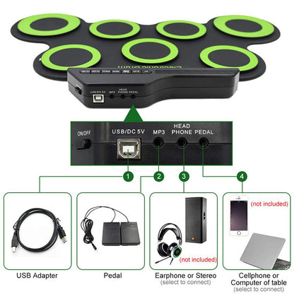 電子ドラムセット 7パッド ロールアップ練習パッド 5チューニング 8曲 USB&MP3入力