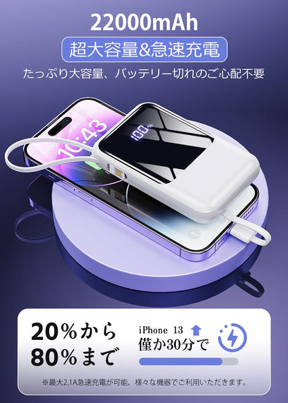 モバイルバッテリー 22000ｍAh 大容量 超薄型 急速充電対応 携帯充電器 USB-Type C入出力ポート 4台同時充電可 LED残量数字表示 スマホ充電器 驚き超軽量 コンパクト 持ち運び便利 機内持込可能 旅行/出張/アウトドア/停電/防災緊急用 PSE認証済 iPhone/iPad/Android全機種対応 防災グッズ プレゼント 日本語説明書付き