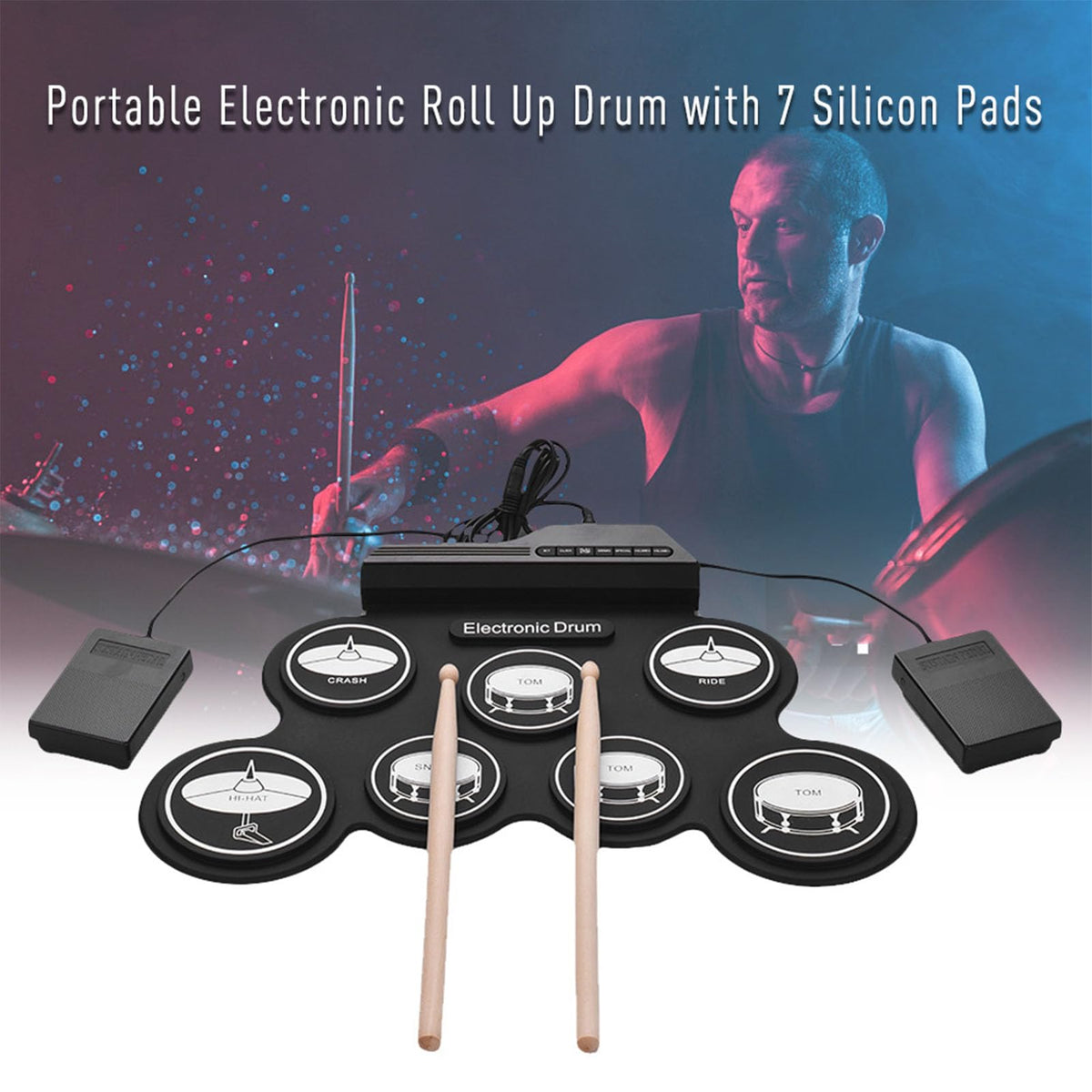 電子ドラムセット 7パッド ロールアップ練習パッド 5チューニング 8曲 USB&MP3入力