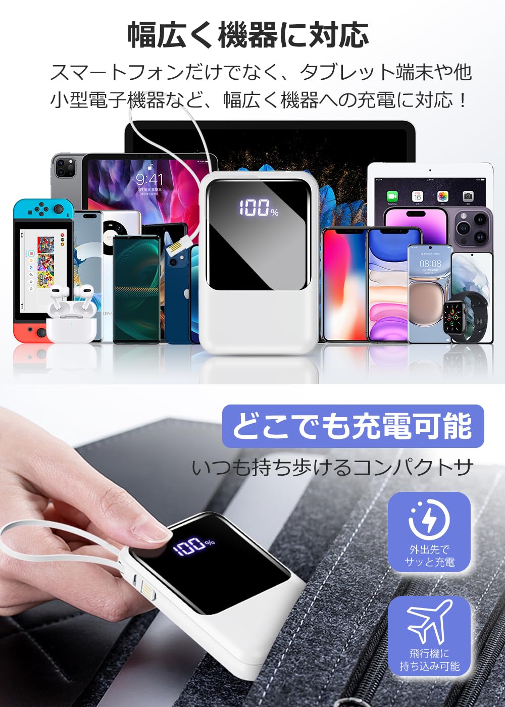 モバイルバッテリー 22000ｍAh 大容量 超薄型 急速充電対応 携帯充電器 USB-Type C入出力ポート 4台同時充電可 LED残量数字表示 スマホ充電器 驚き超軽量 コンパクト 持ち運び便利 機内持込可能 旅行/出張/アウトドア/停電/防災緊急用 PSE認証済 iPhone/iPad/Android全機種対応 防災グッズ プレゼント 日本語説明書付き