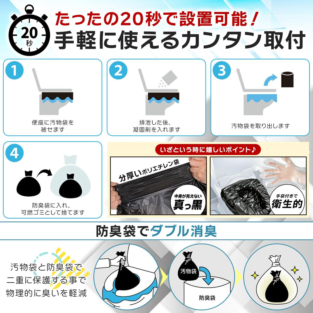 防災グッズ 防災トイレ 災害用/非常用/携帯用 汚物袋 防臭袋 ハイグレード凝固剤 ポリ手袋 日本語説明書付き