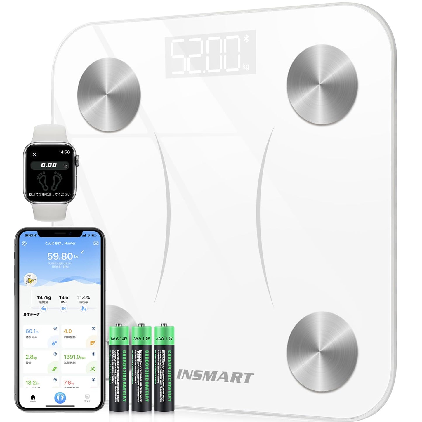 APP体重計スマホ連動 INSMART 高精度体脂肪計・体組成計 16項目測定可能 スマホ連動 ヘルスメーター 人気Bluetooth対応（ホワイト）