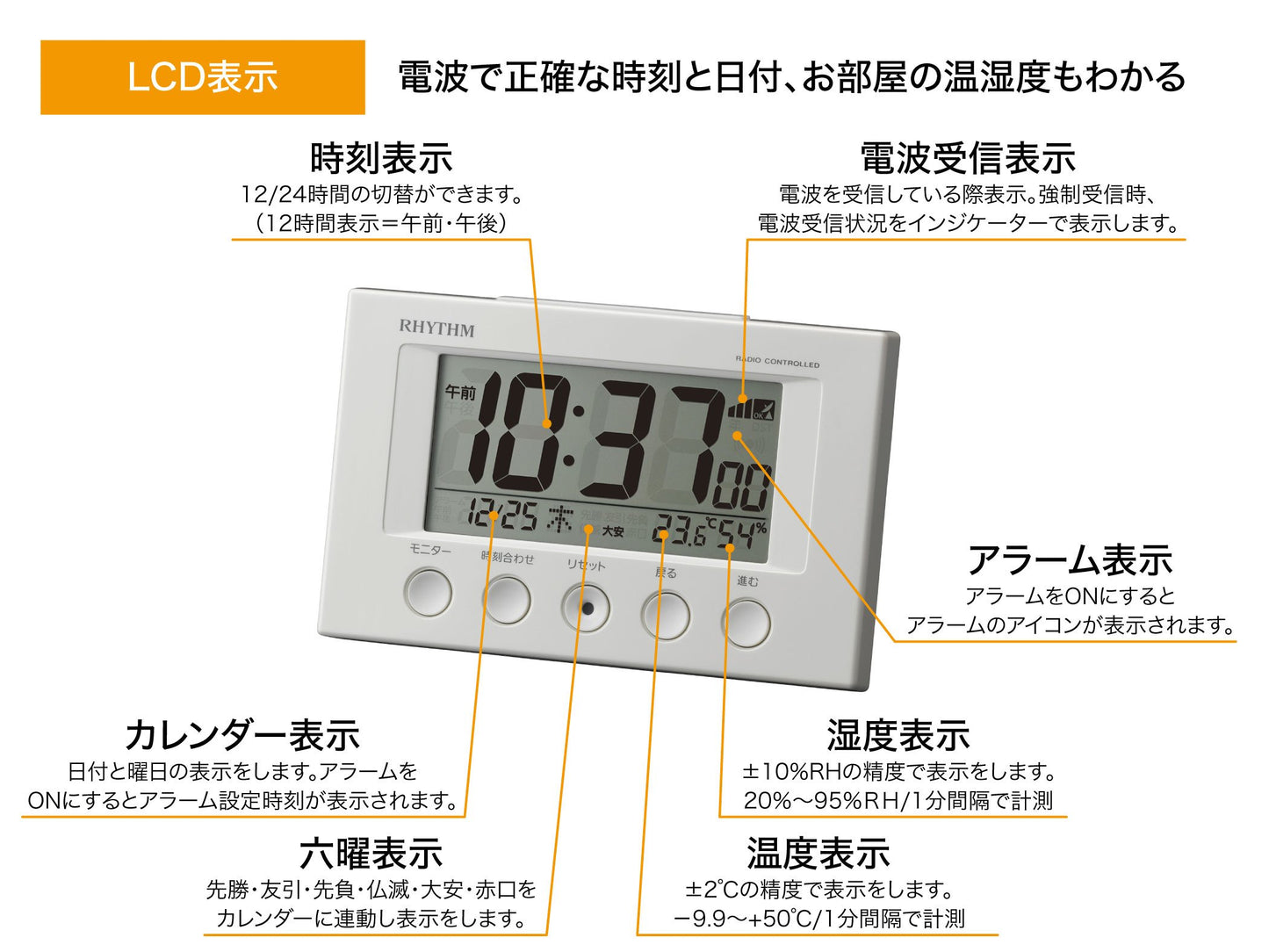 リズム(RHYTHM) 目覚まし時計 電波時計 温度計・湿度計付き フィットウェーブスマート 白 77×120×54mm 8RZ166SR03（ホワイト）
