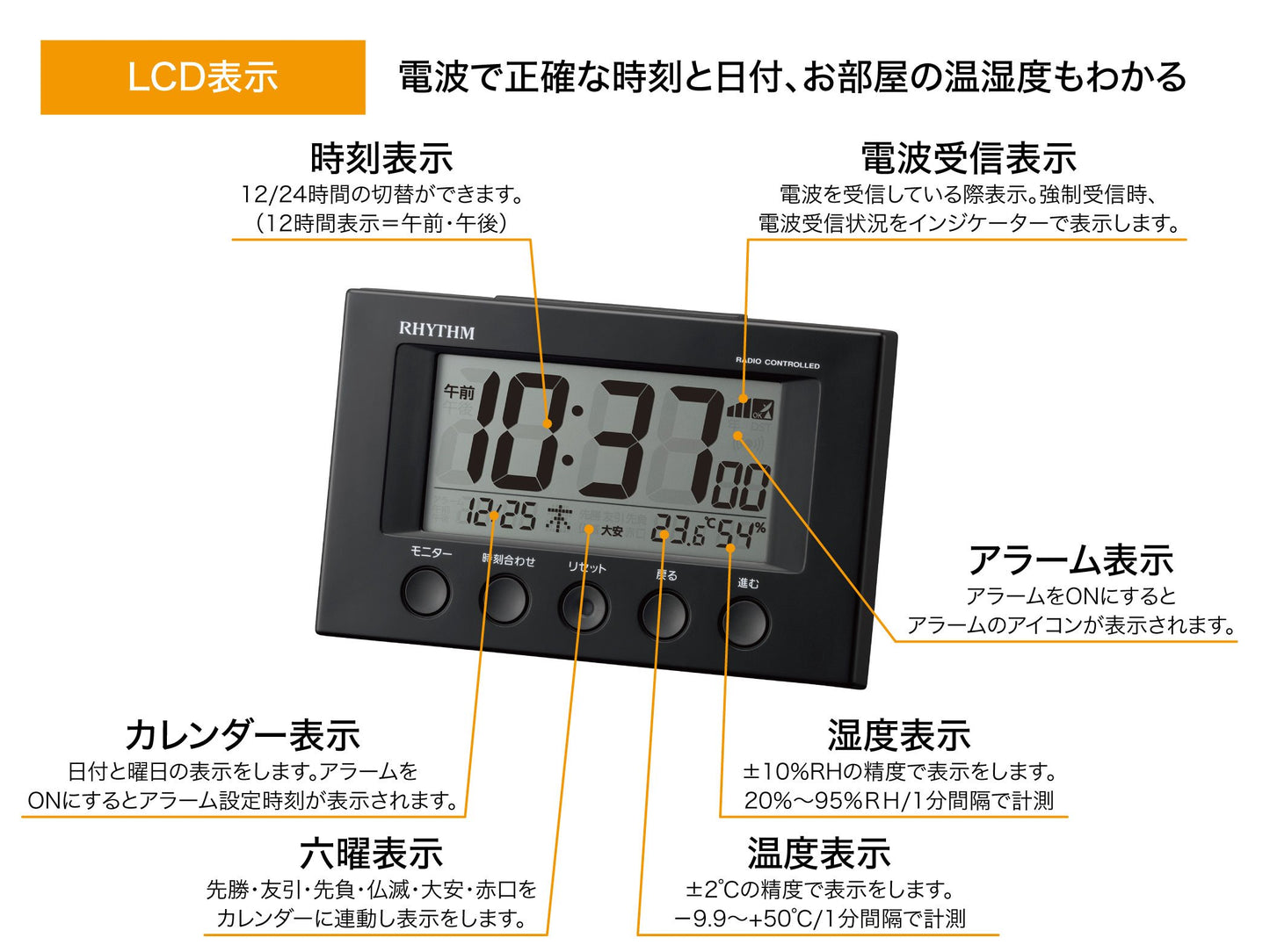 リズム(RHYTHM) 目覚まし時計 電波時計 温度計・湿度計付き フィットウェーブスマート 黒 7.7×12×5.4cm 8RZ166SR02（ブラック）
