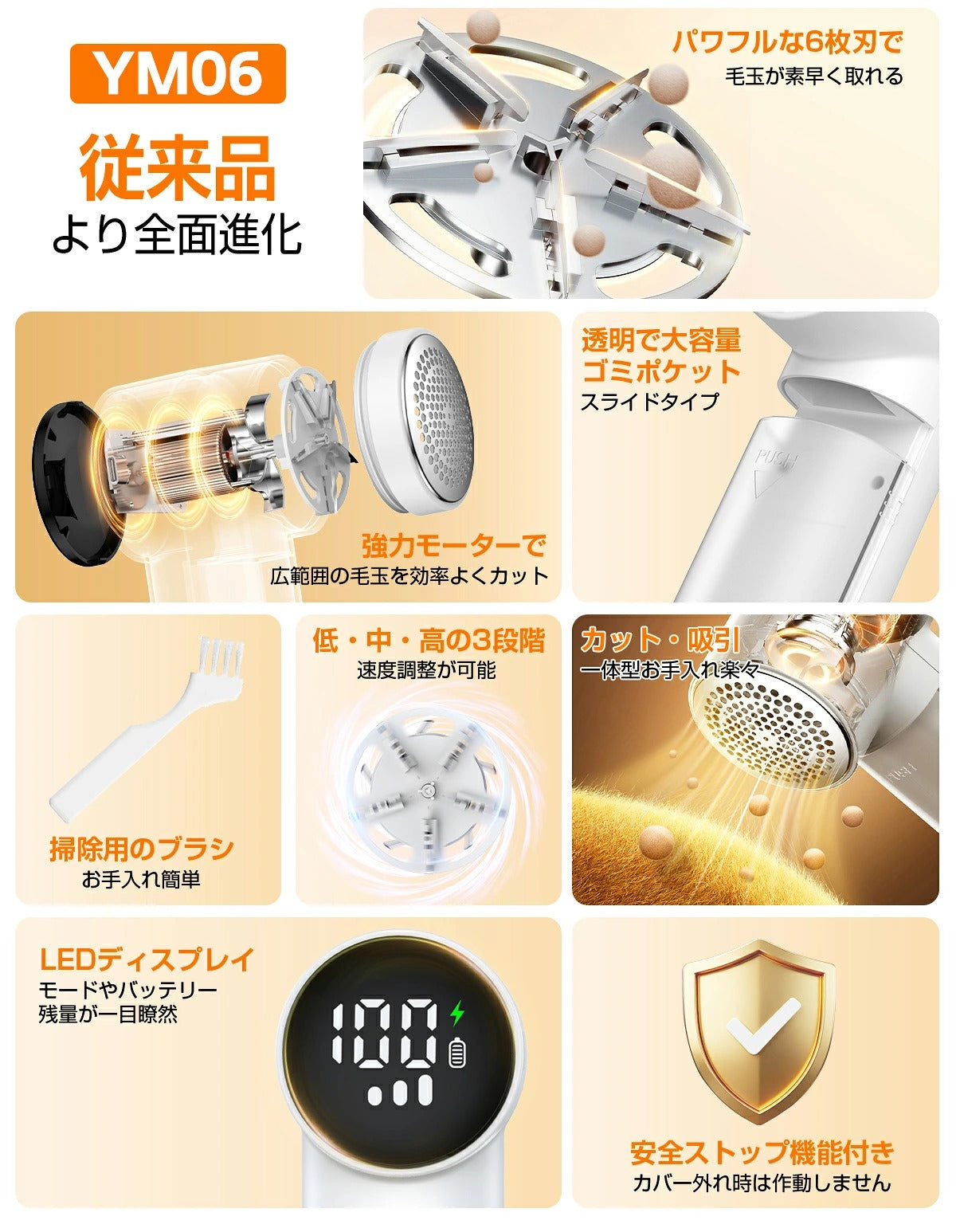 毛玉取り 毛玉取り器 電動 けだまとり 電動 強力6枚刃 生地を傷めない 毛玉取り機 充電式 3段階調整 毛玉クリーナー 毛玉カット 大容量＆透明ゴミポケット LEDディスプレイ エチケットブラシ 旅行自宅用収納前ケア